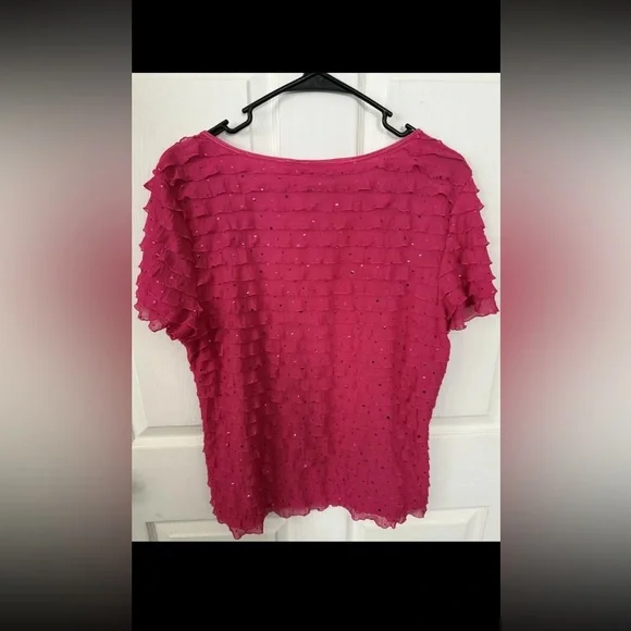 CATO Women’s Short Sleeve Pink Sparkle Ruffle Blouse XL - Picture 5 of 5